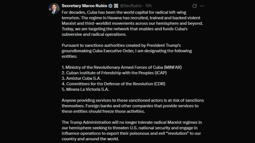 Marco Rubio nuevas sanciones a Cuba